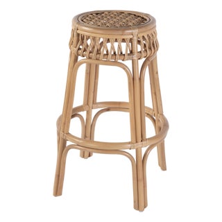 Antigua 30.5 in. Seat Height Round Rattan Bar Stool with Footrest, Natural Rattan For Sale