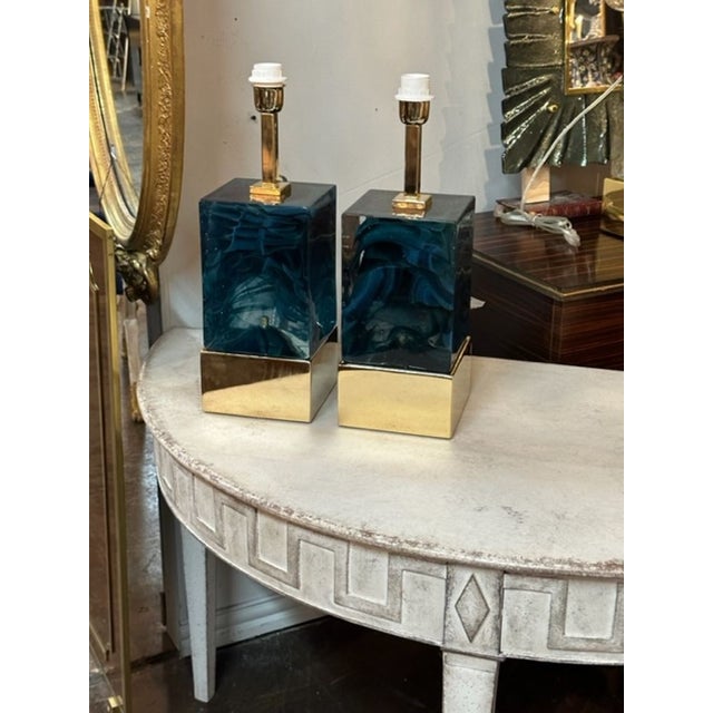 Pair of Modern Blue Murano Glass and Brass Lamps For Sale In Dallas - Image 6 of 6