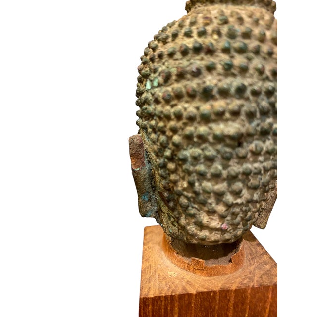 Late 19th Century Antique Thai Bronze Buddha Head Statue Ayutthaya Rattanakosin Style on Stand 8" For Sale - Image 5 of 12
