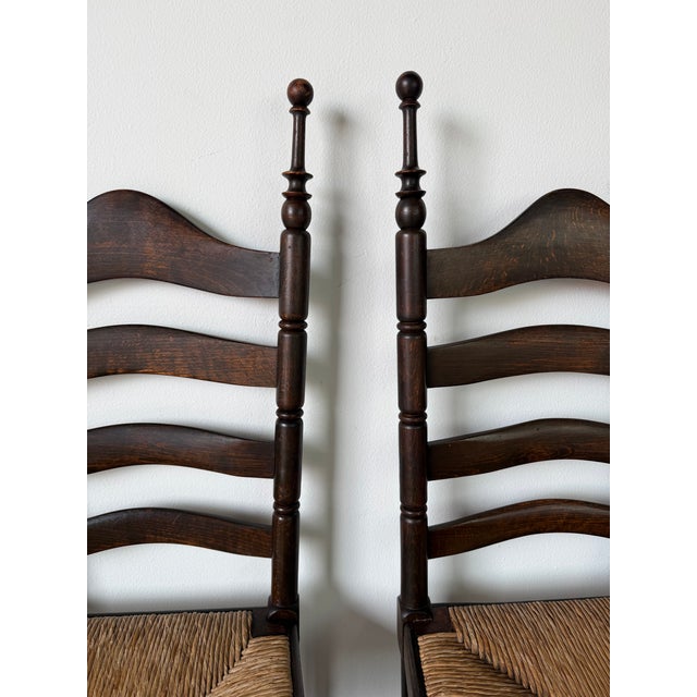 Vintage French Country Style Oak Ladder Back Rush Seat Dining Chairs – Set of 4 For Sale - Image 11 of 18