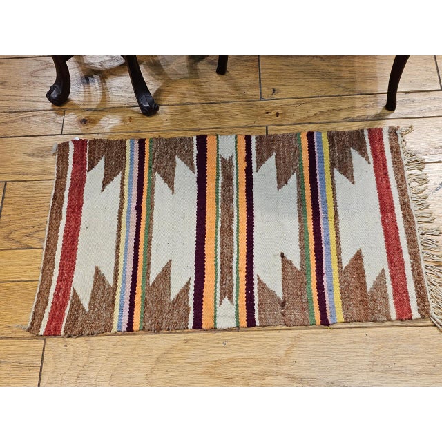 Vintage Native American Navajo Area Rug, Handwoven Wool, Geometric Band Pattern, Ivory, Rust, Purple, Yellow, 2x3 For Sale - Image 11 of 14