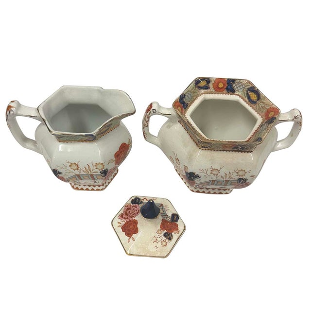 English Antique Woods Ware Wincanton Hand Painted Porcelain Creamer and Sugar Bowl For Sale - Image 3 of 12