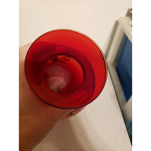 Striking NORLEANS large art glass vase in a rich ruby red finish, beautifully decorated with butterflies and floral...