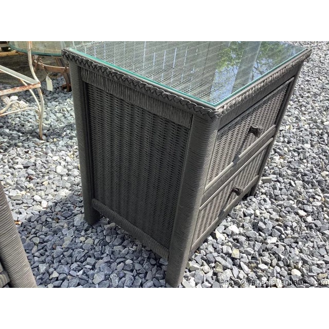 1980s Vintage Henry Link Painted Wicker Nightstand Side Table Glass Top Coco Mocha For Sale - Image 5 of 7