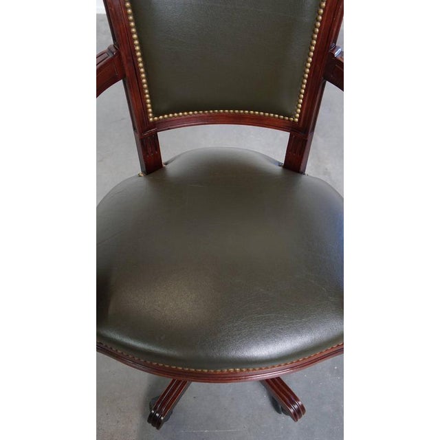 English Green Cowhide and Wooden Office Chair with Decorative Nails on Wheels For Sale - Image 6 of 15