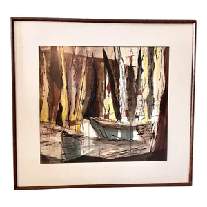 1950s Mid Century Modern Abstract Framed Watercolor Painting of a Boat Unsigned