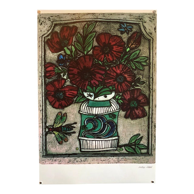 Alfred Cohen, Offset Lithograph Modernist Print of Bold Vibrant Flowers, Plate Signed For Sale