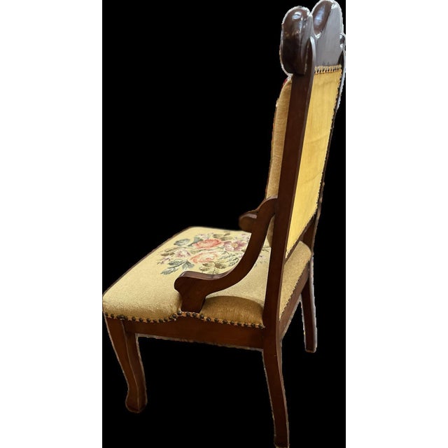 Needlepoint Antique Wooden Horn chair with floral needlepoint seat and backrest, brads and rare thick wood backrest that...