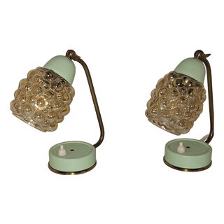 Mid-Century Bedside Lamps with Blue-Green Lacquered Metal Frames, Brass Archs and Amber Bubble Glass Shades, 1960s, Set of 2 For Sale