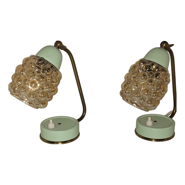 Mid-Century Bedside Lamps with Blue-Green Lacquered Metal Frames, Brass Archs and Amber Bubble Glass Shades, 1960s, Set of 2 For Sale