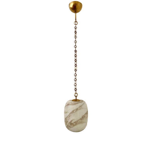 2020s Italian Handblown Faux Alabaster Glass Pendant Light With Brass Chain & Fittings – 9" X 11" Glass Shade For Sale - Image 5 of 16
