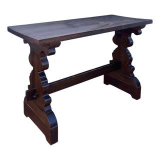 Spanish Rustic Trestle Console Table with Carved Pedestal Supports, 1940s For Sale
