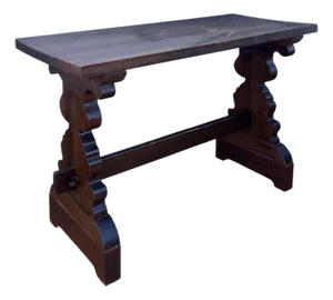 Spanish Rustic Trestle Console Table with Carved Pedestal Supports, 1940s