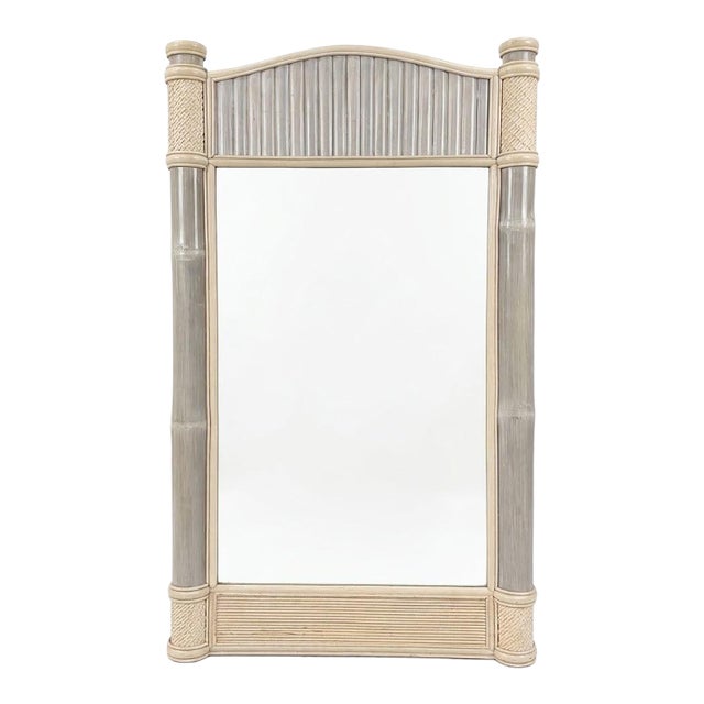 1970s Monumental Palm Beach Estate Grayish-Blue & Cream Bamboo Wall Mirror For Sale