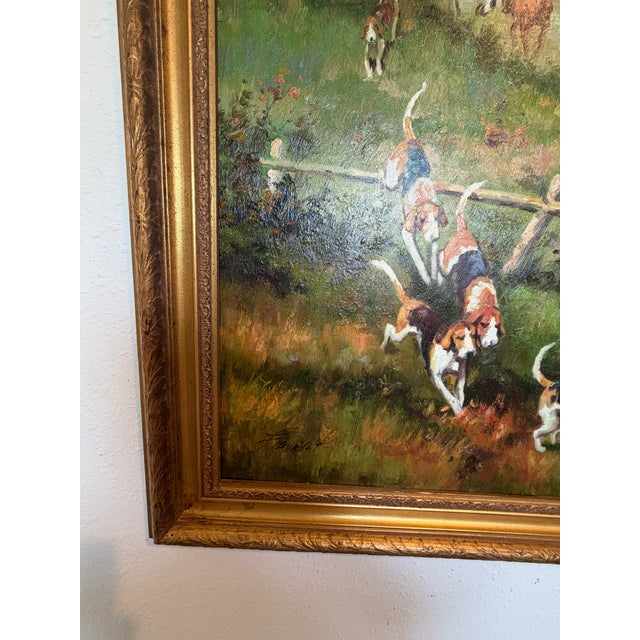 English Fox Hunting Scene Oil Painting on Canvas, Horses & Hounds, Signed For Sale - Image 9 of 9