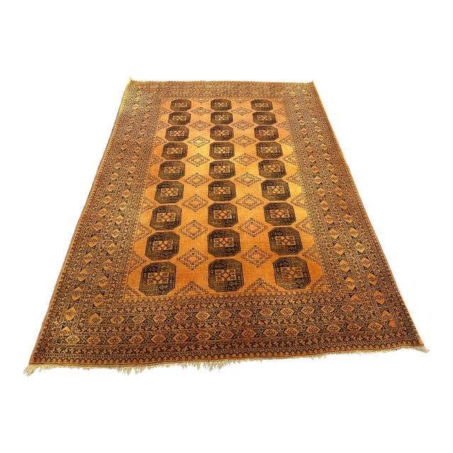 Vintage Afghan Turkoman Bokhara Rug – Tribal Geometric Wool Golden Living Room Carpet For Sale