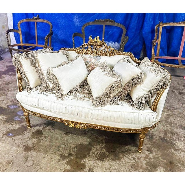 Baroque Baroque Style Antique White Sofa With Pillows and Gold Leaf Details For Sale - Image 3 of 6