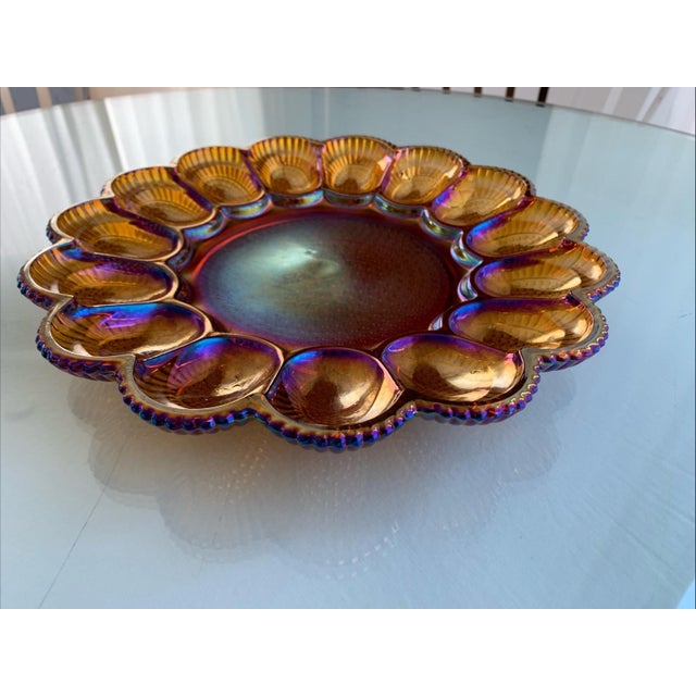 Vintage Indiana Glass Iridescent Gold Carnival Deviled Egg Platter or Relish Plate For Sale - Image 9 of 12