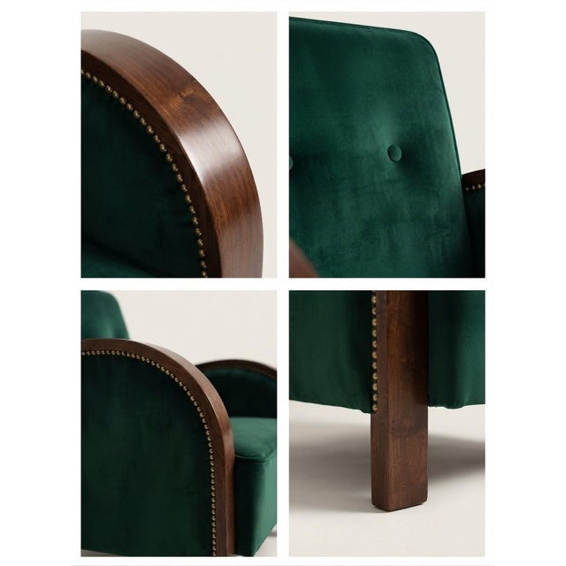 Hungarian Art Deco Lounge Chair in Green Velvet with Wooden Armrests, 1930s For Sale - Image 3 of 4