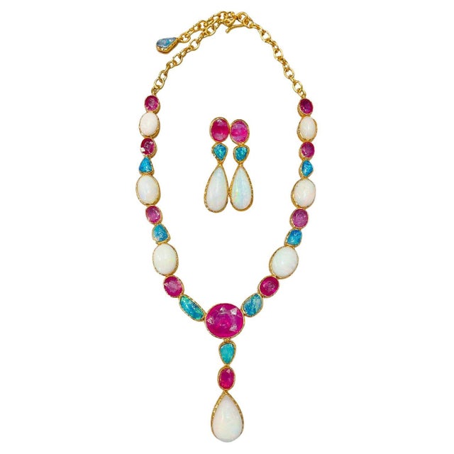 Bochic "Capri" Vintage Natural Gem Necklace & Earrings, White / Blue Opal & Ruby For Sale - Image 15 of 18
