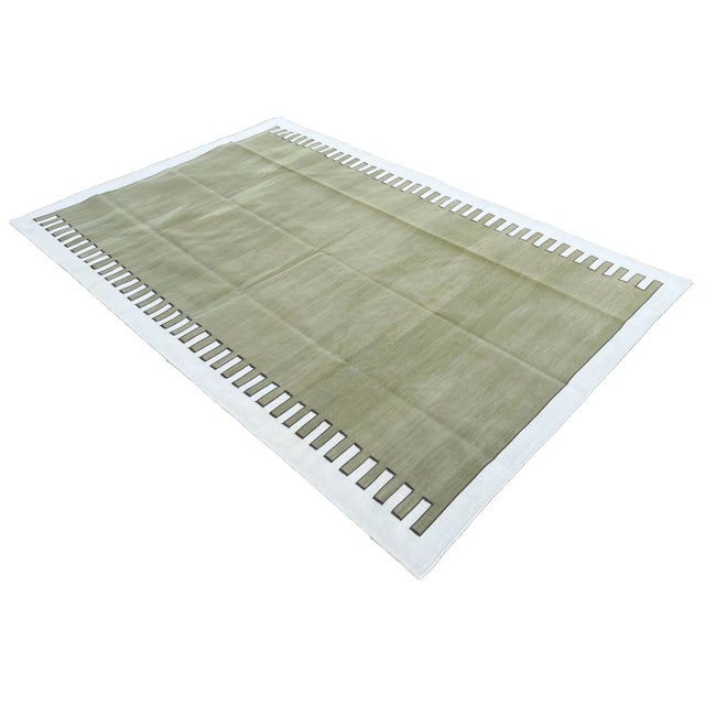 Mid-Century Modern Not Yet Made - Made To Order Handmade Cotton Area Rug Vegetable Dyed Olive Green and White Zig Zag Striped Rug-8'x10' For Sale - Image 3 of 11
