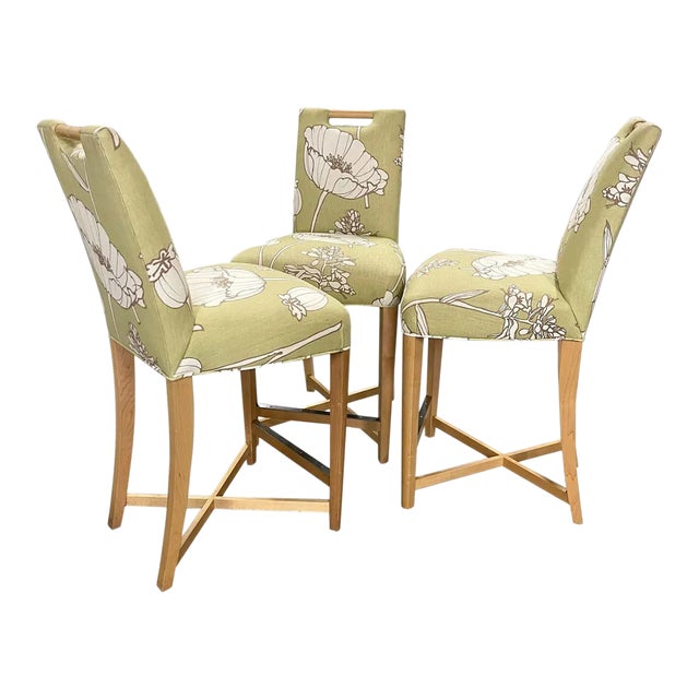 2000s Donghia Bar Stools with Floral Upholstery- Set of 3 For Sale