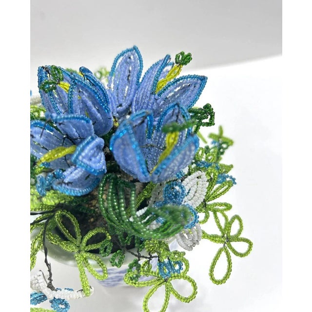 Glass Vintage French Beaded Flower Arrangement – Blue Beaded Floral in Porcelain Cachepot For Sale - Image 7 of 9