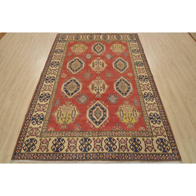 Farmhouse Kazak Rug 6’5” X 8’10” Red Wool Tribal Hand-Knotted Oriental Carpet For Sale - Image 3 of 15