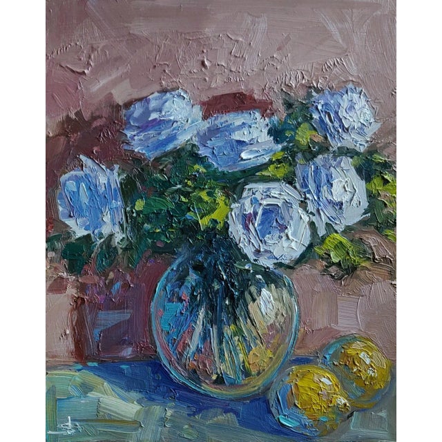 An impressionist oil painting of white roses and lemons, by UK based artist Vivek Mandalia. Frame and hang in your home....