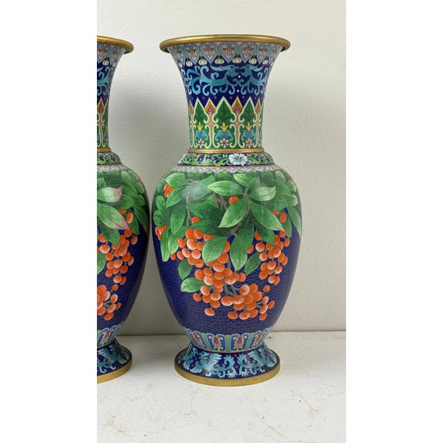 Pair of Chinese Cloisonne Enamel Vases Blue Ground With Red Berries For Sale - Image 4 of 12