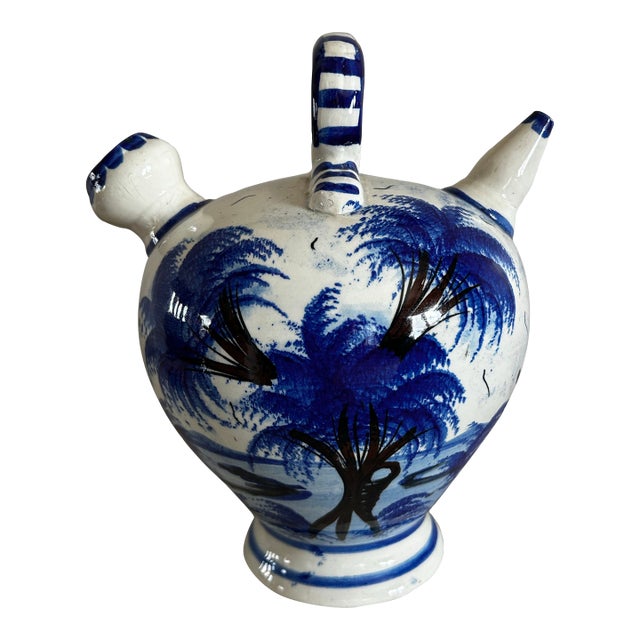 Vintage Spanish Blue & White Decorated Water Jug For Sale