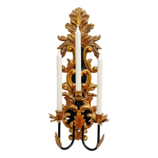 Large Vintage Italian Neoclassical Style Giltwood & Tole 3-Arm Wall Sconce Candelabra For Sale