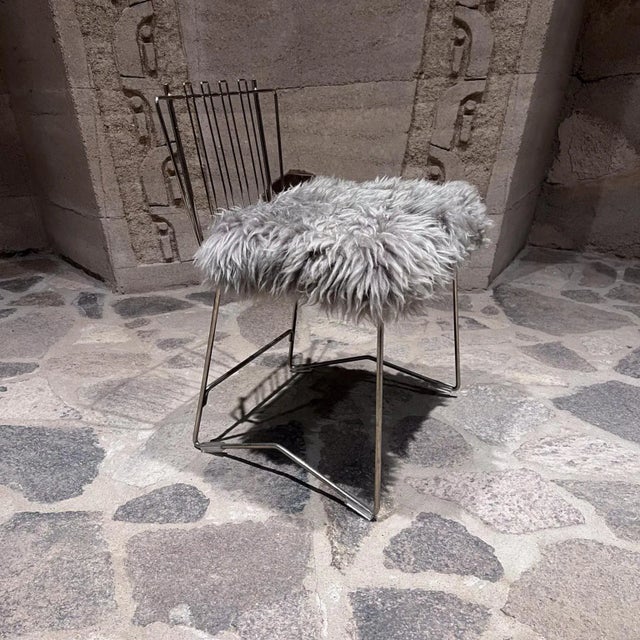 Mid-Century Modern Folding Brass Side Chair Furry Gray Faux Lambskin For Sale - Image 3 of 12