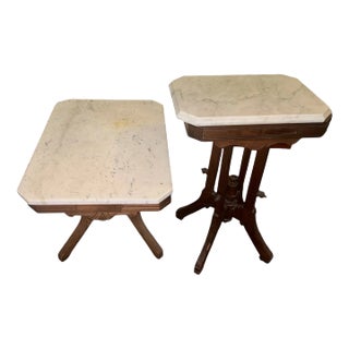 1930s Antique Eastlake Oak Parlor Tables Carrera Marble Top Set of 2 For Sale