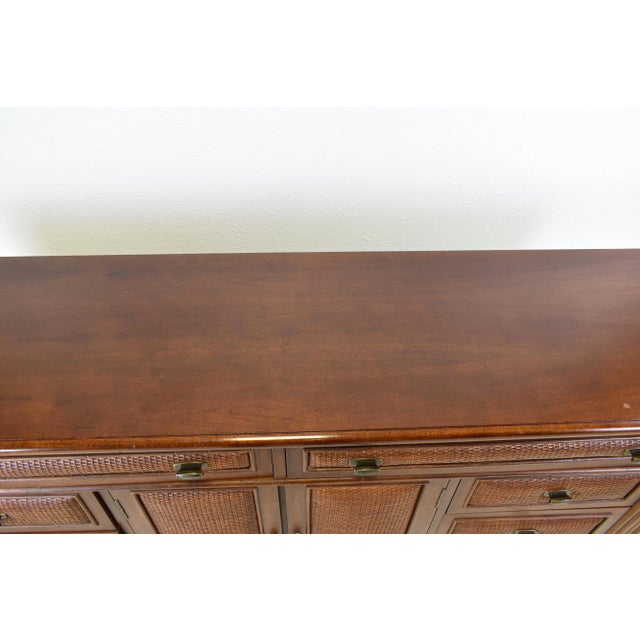 1980s Maple and Rattan Polynesian Tommy Bahama Styled Eleven Drawer Dresser With Woven Raffia Palm Fronts Brass Pulls Fluted Columns and Bun Feet For Sale - Image 9 of 12