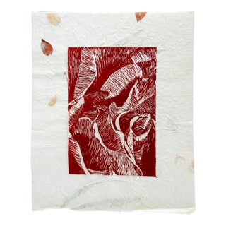 Abstract Tropical Foliage Block Print on Handmade Paper For Sale