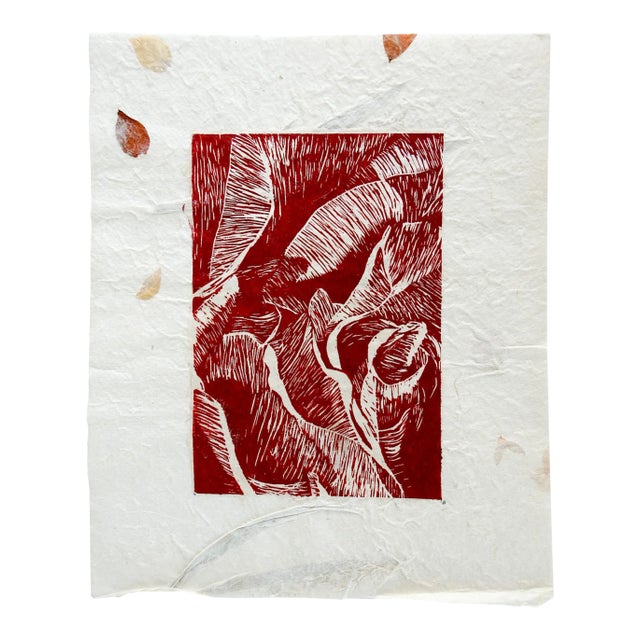 Abstract Tropical Foliage Block Print on Handmade Paper For Sale