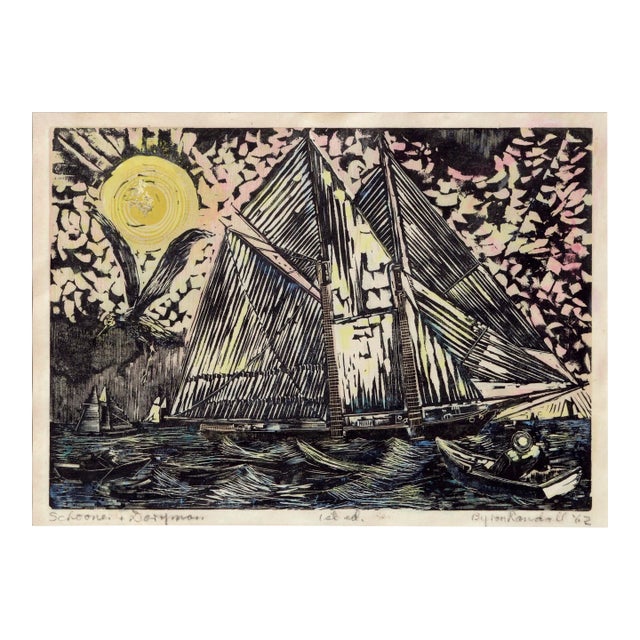 "Schooner + Doryman" First Edition Hand-Colored Woodblock Print by Byron Randall For Sale