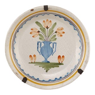 French Faïence Plate With Vase and Flowers, 18th/19th Century For Sale