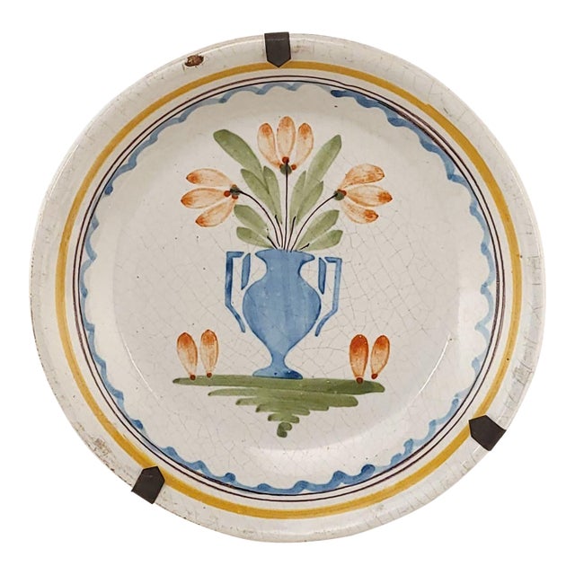 French Faïence Plate With Vase and Flowers, 18th/19th Century For Sale