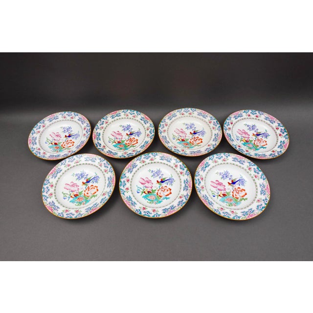 Minton Mid 20th Century Minton England for Tiffany & Co. B894 Floral Bird Rimmed Soup Bowls- Set of 7 For Sale - Image 4 of 9
