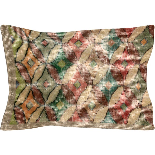 Vintage Turkish Mid-Century Modern Pillow. Hand Sewn with fragments of Turkish hand made wool rugs. Fiber fill. 500240