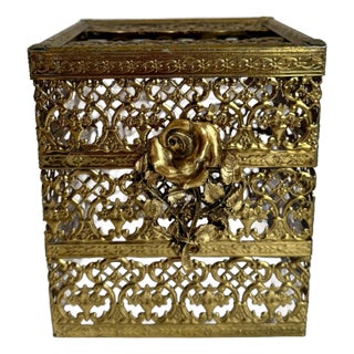 Hollywood Regency Gold Metal Filigree Rose Tissue Box Holder For Sale