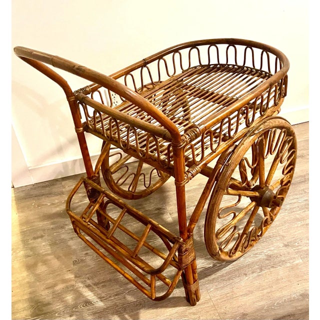 Brown Vintage Rattan French Rivera Drinks Trolley Bar Cart Attributed to Adrien Audoux & Frida Minet C. 1950's For Sale - Image 8 of 11