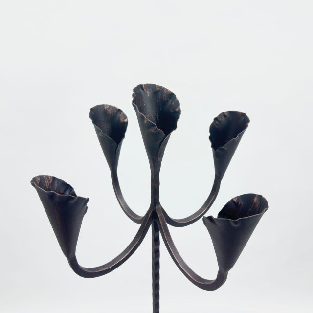 Rustic Hand Forged Iron Floor Candelabra 49″ (124cm) Antique Copper Patina 5-Arm Lily Cup Candle Holder Rustic Church Decor For Sale - Image 3 of 8