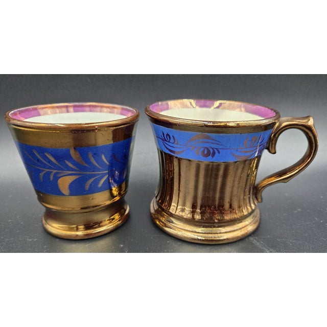 19th Century English Copper Lustreware Cobolt Blue Enamel Bands & Hand-Painterd Motifs 6 Piece Set For Sale - Image 10 of 18