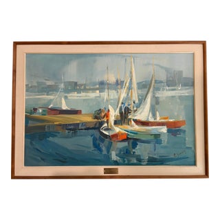 1960s Oil on Canvas “Dock Time” Artist Signed Carol Sideman For Sale