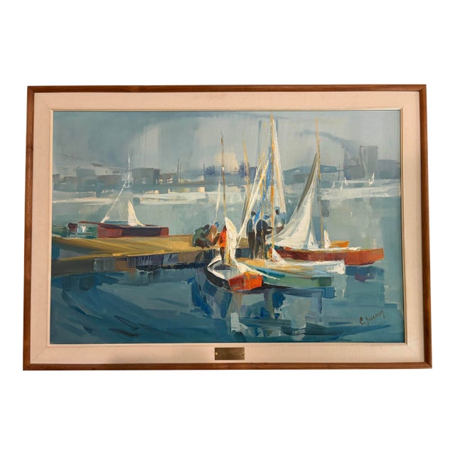 1960s Oil on Canvas “Dock Time” Artist Signed Carol Sideman For Sale