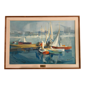 1960s Oil on Canvas “Dock Time” Artist Signed Carol Sideman