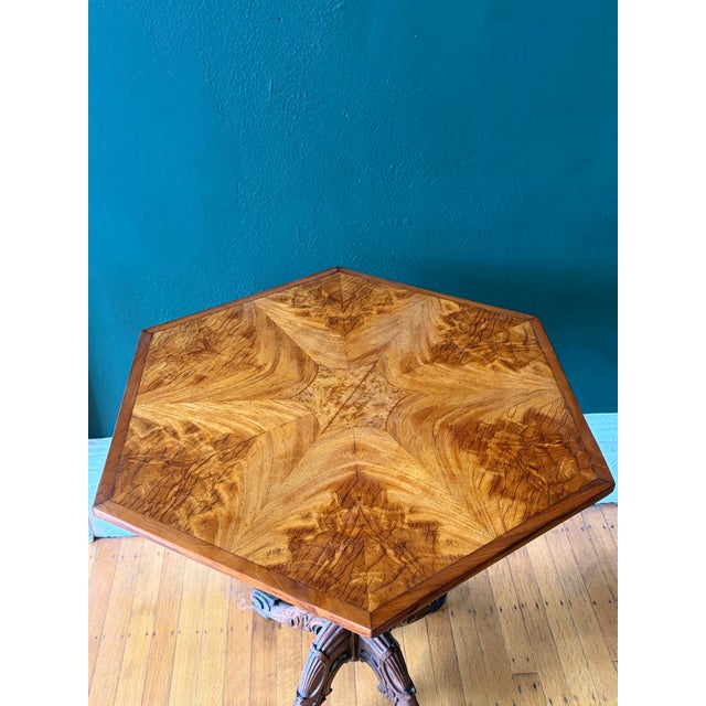 Camel Late 19th Century Carved Burled Ash Tilt-Top Hexagon Table For Sale - Image 8 of 10